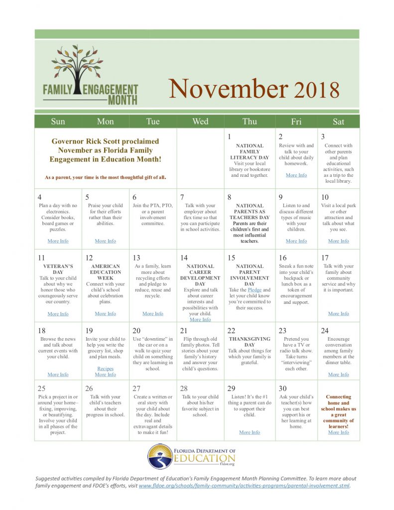 Family Engagement Month Calendar Cypress Elementary